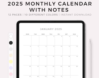 2025 Monthly Calendar with Notes, Digital Calendar, Year Calendar, Vertical, Compatible with Goodnotes, Notability, Ipad, Instant Download