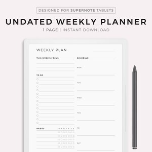 Puede incluir: Una plantilla de planificador semanal en blanco y negro para tabletas Supernote. El planificador incluye secciones para "El enfoque de esta semana", "Por hacer", "Horario", "Hábitos" y "Notas".