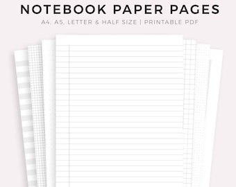 Notebook Paper Pages Printable, A4/A5/Letter/Half Size, Instant Download PDF