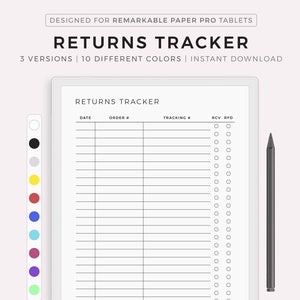 Può includere: Un tracker di resi stampabile per il tablet Remarkable Paper Pro. Il tracker ha colonne per la data, il numero d'ordine, il numero di tracciamento, ricevuto e rimborsato. Il tracker è progettato per essere utilizzato con uno stilo.