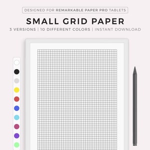 May include: A digital drawing tablet with a white frame and a black stylus. The screen displays a white background with a black grid pattern. The text "DESIGNED FOR REMARKABLE PAPER PRO TABLETS" is at the top of the screen. The text "SMALL GRID PAPER" is below the first line of text. The text "3 VERSIONS | 10 DIFFERENT COLORS | INSTANT DOWNLOAD" is below the second line of text. The text "MYLIFEPLANS" is at the bottom of the screen. The text "MADE BY MYLIFEPLANS ON ETSY" is below the screen.