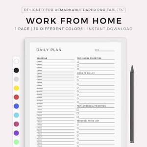 Può includere: Un planner giornaliero stampabile in bianco e nero progettato per l'uso con un tablet Remarkable Paper Pro. Il planner include sezioni per la pianificazione, le priorità lavorative, l'elenco delle cose da fare per il lavoro, le priorità personali, l'elenco delle cose da fare personali e le note. Il testo "WORK FROM HOME" è in cima al planner.