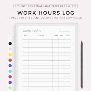 Puede incluir: Una plantilla de registro de horas de trabajo imprimible para la tableta Remarkable Paper Pro. La plantilla tiene columnas para la fecha, la actividad, la hora de inicio, la hora de finalización y el total de horas trabajadas. La plantilla está diseñada para ser utilizada con un lápiz.
