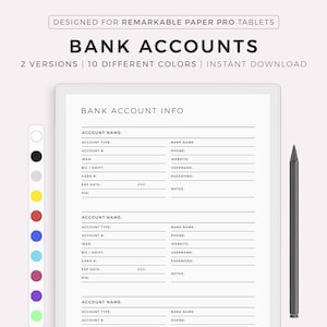 Bankkonten Tracker für Remarkable Paper Pro, Bankkontenliste, Bankverbindungsdetails, Sofort Download