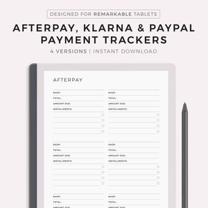 Afterpay, Klarna & Paypal-tracker, sjabloon voor online winkelen, betalingstermijn, nu kopen, later betalen tracker, compatibel met Remarkable 2