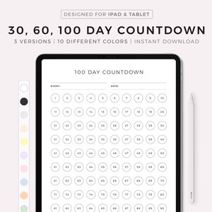 30, 60, 100 Tage Countdown Tracker bis Urlaub, Geburtstag, Hochzeit, Neujahr, Kreuzfahrt, Ruhestand, ect. Digitales Template für Ipad, Goodnotes