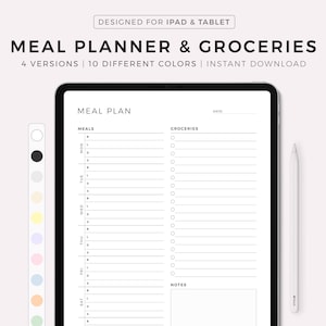 Planificateur de repas hebdomadaire numérique avec liste de courses, plan de menus sur 7 jours, planificateur de nourriture, planificateur de ménage, compatible avec Goodnotes, Notability, Ipad