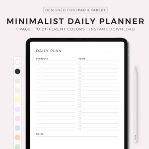 Könnte beinhalten: Eine digitale Tagesplaner-Vorlage für iPad und Tablet. Die Vorlage hat ein minimalistisches Design mit Abschnitten für den Zeitplan, die To-Do-Liste und Notizen. Die Vorlage ist in 10 verschiedenen Farben erhältlich.