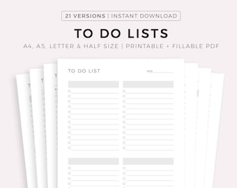 To Do Lists, Task Lists, Printable & Fillable Templates PDF, A4/A5/Letter/Half, Instant Download