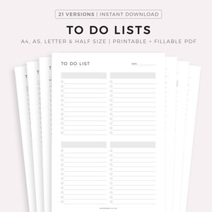 Listas de tareas, listas de tareas, plantillas imprimibles y rellenables en PDF, A4/A5/Carta/Media página, descarga instantánea