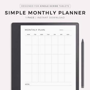 May include: A black and white monthly planner designed for Kindle Scribe tablets. The planner has a simple design with a grid layout for each day of the week. The text "MONTHLY PLAN" is at the top of the planner, and the text "NOTES" is at the bottom.