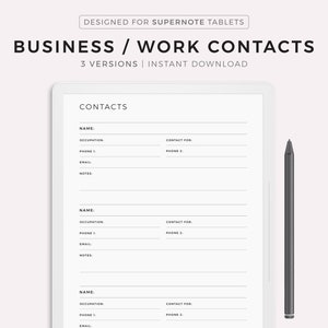 May include: A printable digital planner page for business or work contacts. The page has three sections for contact information, including name, occupation, phone numbers, email, and notes.