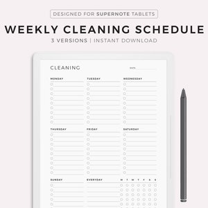 May include: A digital weekly cleaning schedule template for Supernote tablets. The white template features sections for each day of the week, with checkboxes for tasks. A black stylus is positioned to the right. Text includes "WEEKLY CLEANING SCHEDULE" and "3 VERSIONS | INSTANT DOWNLOAD."