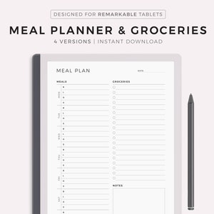 Planificateur de repas hebdomadaire avec modèle de liste de courses, plan de menus sur 7 jours, planificateur de repas, planificateur de ménage, compatible avec Remarkable 2
