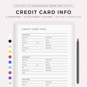 Rastreador de información de tarjetas de crédito, registro de tarjetas de crédito, compatible con Remarkable Paper Pro, descarga instantánea