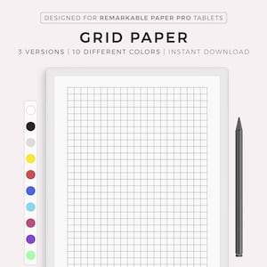 May include: A digital grid paper design for Remarkable Paper Pro tablets. The image shows a white tablet with a black grid pattern, a stylus, and a color palette. Text on the image reads "GRID PAPER" and "3 VERSIONS | 10 DIFFERENT COLORS | INSTANT DOWNLOAD."