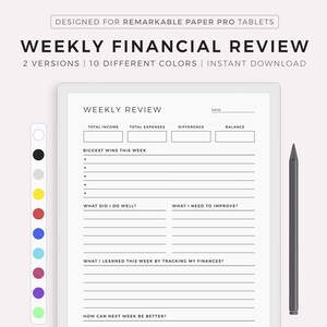 Revisión financiera semanal, reflexión financiera, evaluación presupuestaria, resumen financiero, compatible con Remarkable Paper Pro, descarga instantánea