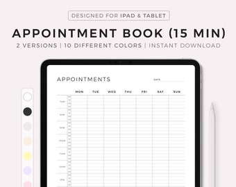 Digital Appointment Book 15 Minute Intervals, Appointment Reminder, Meeting Tracker, Week At a Glance, Template for iPad & Tablet