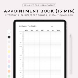 May include: A digital planner template for iPad and tablet, titled "Appointment Book (15 min)". The template is designed for scheduling appointments in 15-minute increments. The planner includes a column for each day of the week, from Monday to Sunday, and a section for the date. The template is available in 10 different colors.