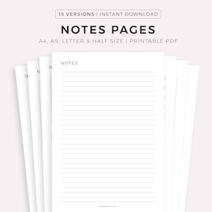 Páginas de notas para imprimir, papel para escribir, notas en blanco, plantilla para notas de estudio, notas de clase, tamaño A4/A5/carta/medio, descarga instantánea en PDF