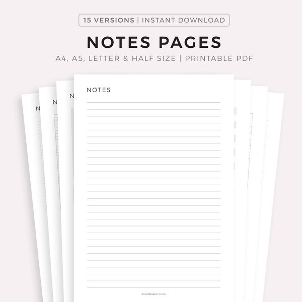 Notes Pages Printable, Writing Paper, Blank Notes, Study Note Template, Lecture Notes, A4/A5/Letter/Half Size, Instant Download PDF