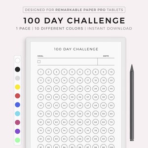 Pode incluir: Um rastreador de desafio de 100 dias imprimível com uma seção de objetivo e recompensa. O rastreador é projetado para uso com um tablet Remarkable Paper Pro. O rastreador está disponível em 10 cores diferentes.