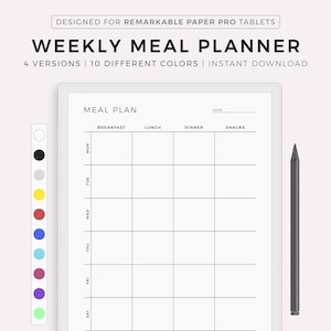 Planification de repas hebdomadaire pour Remarkable Paper Pro, agenda de menus sur 7 jours, agenda de préparation de repas, agenda d'aliments, santé et forme physique, téléchargement immédiat