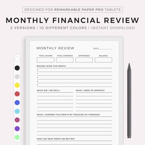 Revisión financiera mensual, reflexión financiera, evaluación presupuestaria, resumen financiero, compatible con Remarkable Paper Pro
