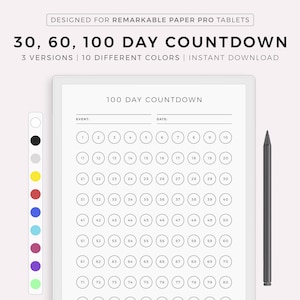 30, 60, 100 Tage Countdown-Tracker für Urlaub, Geburtstag, Hochzeit, Neujahr, Kreuzfahrt, Ruhestand, ect .. Kompatibel mit Remarkable Paper Pro