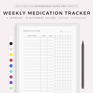 Tracker settimanale dei farmaci per Remarkable Paper Pro, programma dei farmaci, promemoria per l'assunzione dei farmaci, modello di elenco dei farmaci