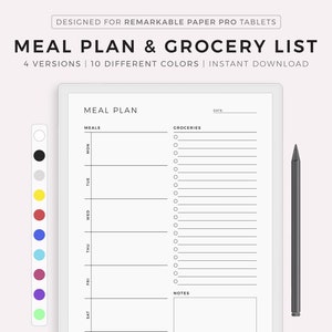 Tygodniowy plan posiłków z listą zakupów, 7-dniowy plan menu, planer żywności, zdrowie i fitness, kompatybilny z Remarkable Paper Pro