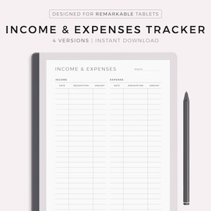 May include: A black and white printable income and expenses tracker for use with a Remarkable tablet. The tracker has columns for date, description, and amount for both income and expenses. The tracker also has a total line for each category.
