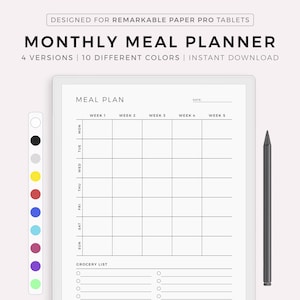 Planificador de comidas mensual para Paper Pro, planificador de menú de 30 días, planificador de comidas, salud y fitness, descarga instantánea