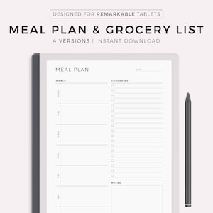 Tygodniowy plan posiłków z listą zakupów, 7-dniowy plan menu, planer żywności, zdrowie i fitness, kompatybilny z Remarkable 2, natychmiastowe pobieranie