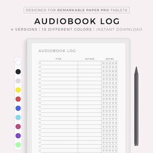 Op de afbeelding: Een zwart-witte printbare audiobook-log met kolommen voor titel, auteur en beoordeling. De beoordelingskolom heeft vijf sterren voor elke vermelding. De log is ontworpen voor gebruik met een Remarkable Paper Pro-tablet.