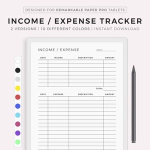 May include: A printable income and expense tracker for use with a digital tablet. The tracker has columns for date, income, description, and amount. There are two versions of the tracker, one for income and one for expenses. The tracker is available in 10 different colors.