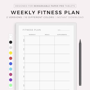 Weekly Fitness Planner for Remarkable Paper Pro, Workout Planner, Meal Planner, Vitamin Intake, Simple Fitness Journal, Instant Download