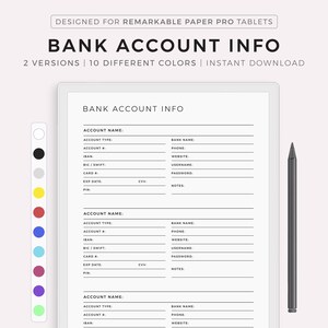 Bankgegevenstracker, bankrekeninglogboek, bankgegevens, compatibel met Remarkable Paper Pro, direct downloaden