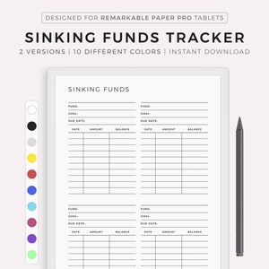 May include: Printable sinking funds tracker for use with a digital tablet. The tracker has two columns with sections for fund name, goal, due date, date, amount, and balance. The tracker is available in 10 different colors.