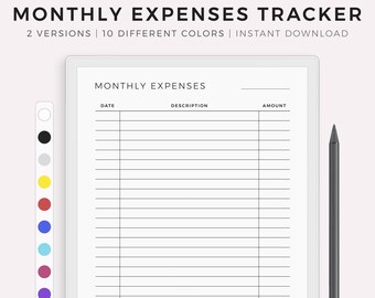 Simple Monthly Expenses Tracker for Remarkable Paper Pro, Instant Download