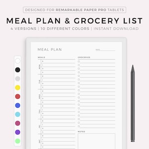 Planificateur de repas hebdomadaire avec modèle de liste de courses, plan de menus sur 7 jours, planificateur de nourriture, agenda de ménage, compatible avec Remarkable Paper Pro