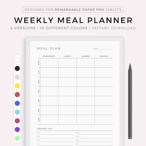 Agenda hebdomadaire de repas, agenda de menus 7 jours, agenda de préparation de repas, agenda d'aliments, compatible avec Remarkable Paper Pro, téléchargement immédiat