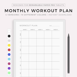 Monthly Workout Planner, 30 Days Fitness Planner, Exercise Planner, Compatible with Remarkable Paper Pro, Instant Download