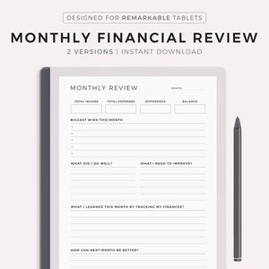 Análisis financiero mensual, reflexión financiera, evaluación presupuestaria, resumen financiero, compatible con Remarkable 2, descarga instantánea