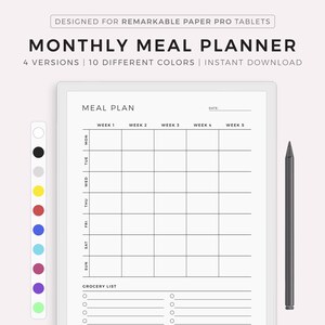 Planificador de comidas mensual, planificador de menú de 30 días, planificador de alimentos, salud y fitness, compatible con Remarkable Paper Pro, descarga instantánea