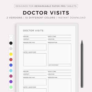 Könnte beinhalten: Druckbare Arztbesuchsvorlage zur Verwendung mit einem Remarkable Paper Pro Tablet. Die Vorlage enthält Abschnitte für den Namen des Arztes, Kontaktinformationen, Grund für den Besuch, Notizen, Datum und Uhrzeit, Ort, Rezept und nächsten Termin. Die Vorlage ist in 10 verschiedenen Farben erhältlich.