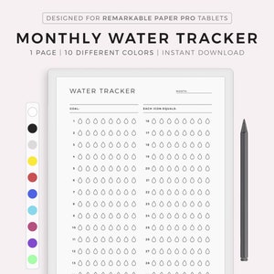 Op de afbeelding: Een zwart-witte printbare watertracker voor een maandelijks logboek. De tracker heeft een raster van 31 dagen met waterdruppelpictogrammen om in te vullen. De tracker is ontworpen voor gebruik met een Remarkable Paper Pro-tablet.