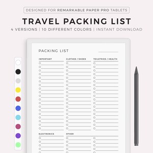 Lista de embalagem para viagem - Documentos de viagem, eletrônicos, roupas e sapatos, acessórios, artigos de higiene pessoal/saúde, etc. Download instantâneo