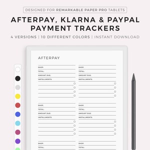 Afterpay, Klarna i Paypal Tracker, Szablon płatności za zakupy online, Kup teraz, zapłać później Tracker, Kompatybilny z Remarkable Paper Pro
