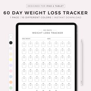 May include: A printable 60-day weight loss tracker with a simple design. The tracker features a grid of 60 weight scale icons, with numbers 1 through 60 indicating the days. The tracker also includes spaces for a goal weight and date.